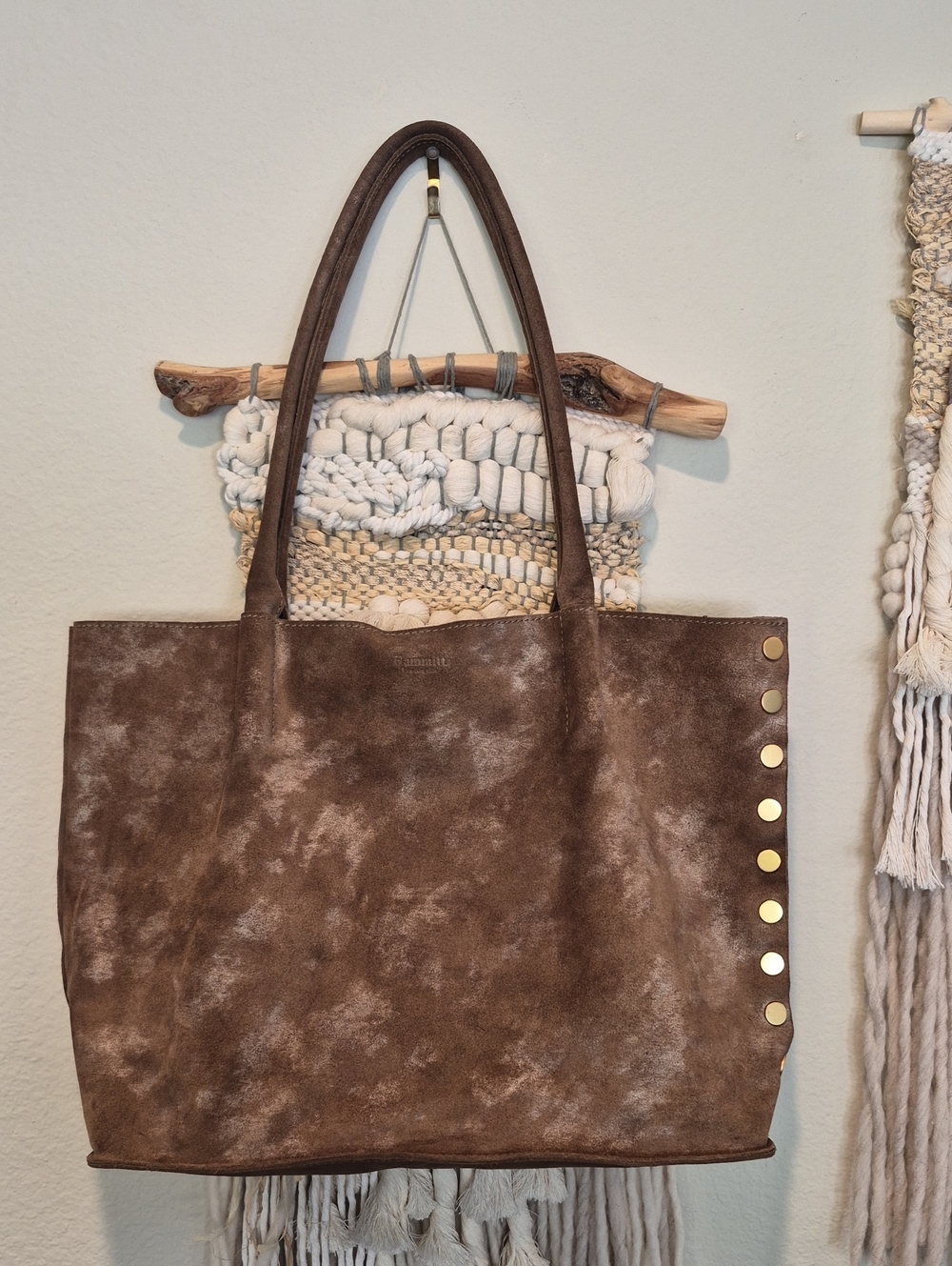 Hammitt Brown Metallic Shimmer Suede Brushed Gold Rivets Oliver Tote Bag
